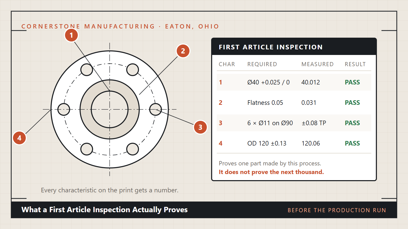 A ballooned machined flange beside a first article inspection report